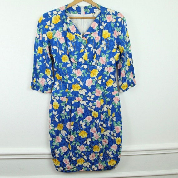 Vintage 80s Michel Sungari Blue Silk Floral Dress… - image 1