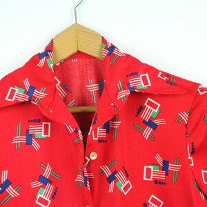 Vintage 70s Womens Red Polyester Button Down Shirt Disco Big Collar Geometric S image 2