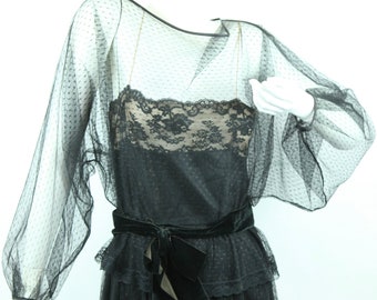 Vintage Malcolm Starr 70s Maxi Dress Black Lace Gown Goth Hostess XS