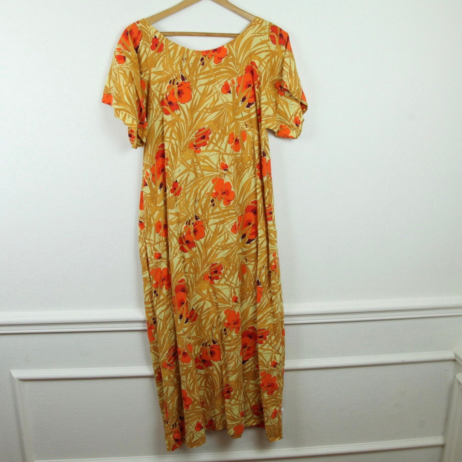 Vintage Hawaiian Barkcloth Cotton MuuMuu Caftan Maxi Dress 70s | Etsy
