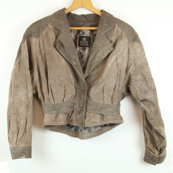 Vintage 80s Brown Leather Jacket Crop Dolman Slee… - image 1