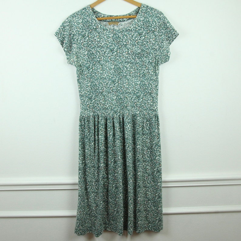 Vintage 90s Sostanza Green Floral Jersey Knit Dress Cottagecore Grunge Skater M image 1