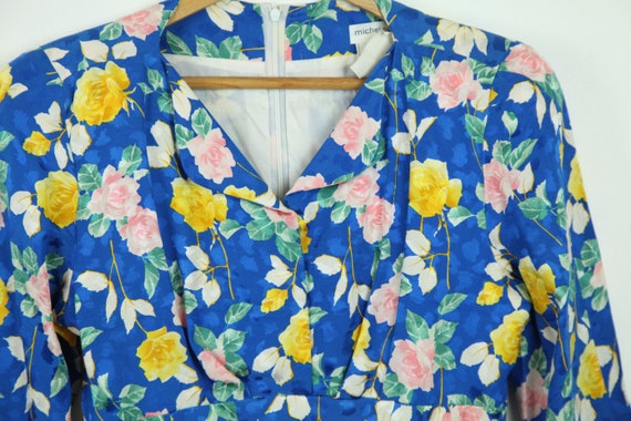 Vintage 80s Michel Sungari Blue Silk Floral Dress… - image 2