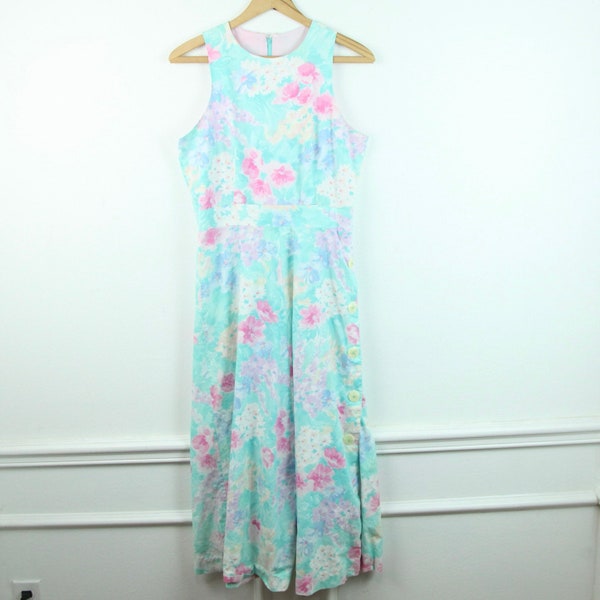 Vintage 80s Floral Garden Party Dress Blue Fit Flare S M Midi Pastel Spring