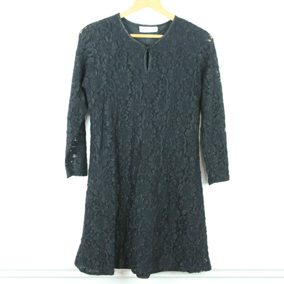 Vintage 90s Black Lace Long Sleeve Dress Stretch … - image 1