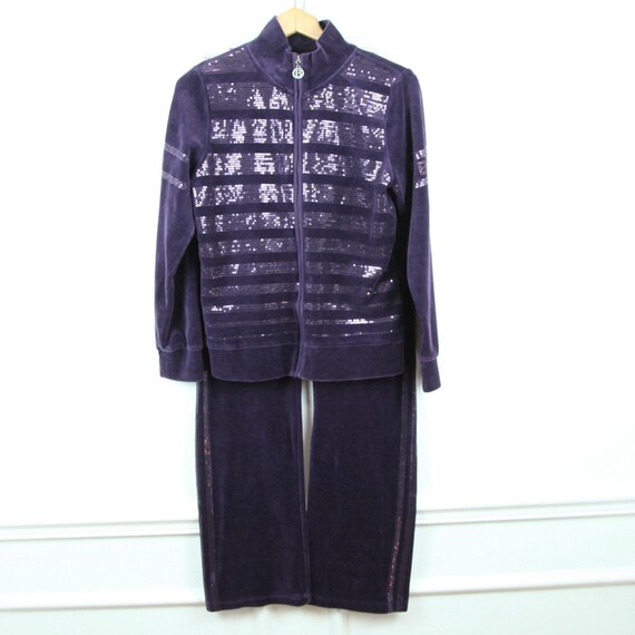 Vintage 90s Y2K Purple Velour Sequin BCBG Tracksuit Hoodie Pants M L Wide Leg