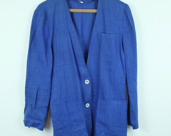 FLAW Vintage 90s Liz Claiborne Royal Blue Linen Blazer Jacket S M Oversize