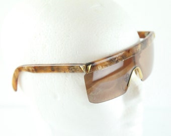 Vintage 80s New Wave Sunglasses Mask Large Rectangle Pearl Italy Brown Shield