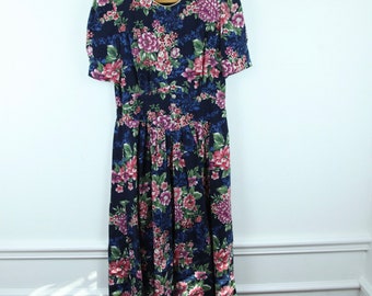 FLAW Vintage 90s rayon dress floral midi cottagecore blue M Tea Romantic Rayon