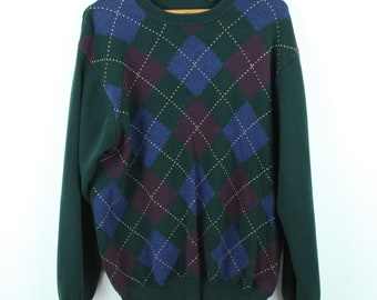 vintage 90s Northern Isles Cotton Crewneck Argyle Pull pull pull Green Dad M L