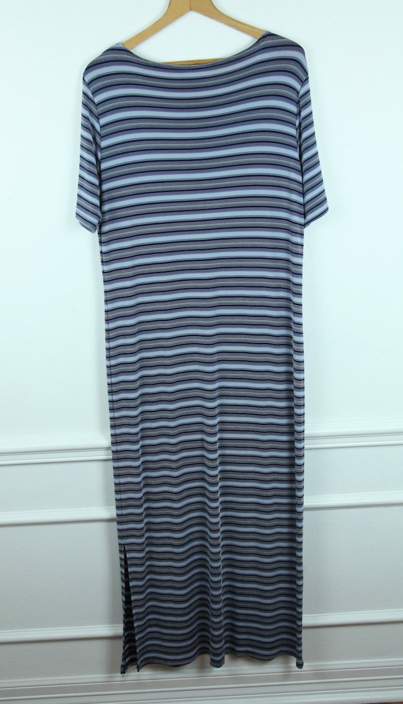 Vintage 90s Blue Striped Stretchy Clingy Polyester Spandex Column Maxi Dress Skate L image 8