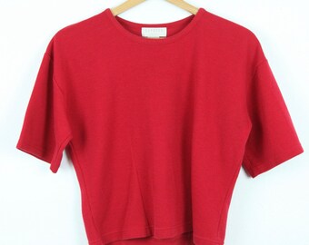 Vintage 90s Express Red Ribbed Knit Crop Boxy Oversize T Shirt Small Minimal Grunge