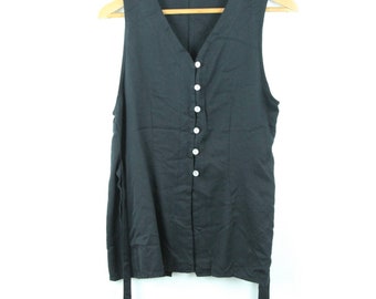 VTG 90s Black Button Front V Neck Tie Back Long Vest XS S Top Sleeveless MInimal