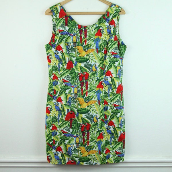 Vintage 90s Aloha Republic Sheath Dress Tropical Parrot Novelty Print Resort M L