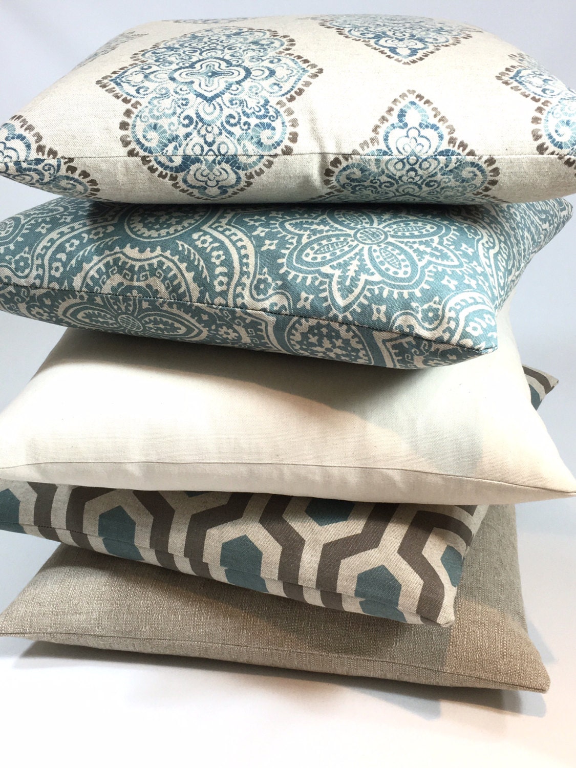 Pillow Covers Dusty Blue Tan Brown Floral Throw Sham Etsy