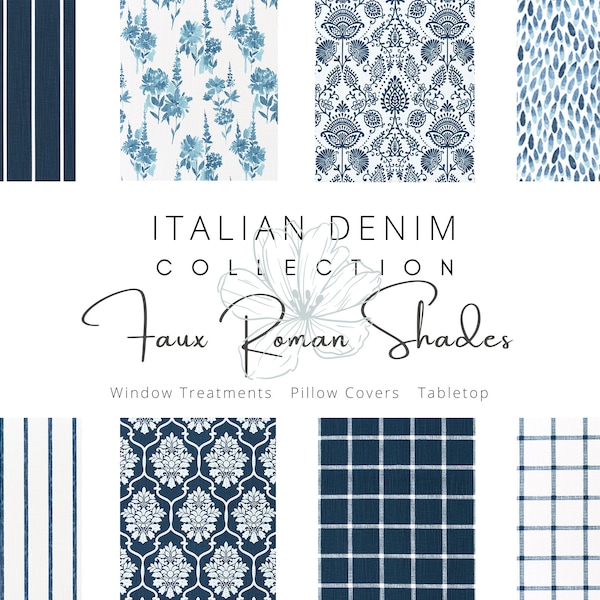 Italian Denim, Faux Roman Shade, White, Custom, Window, Topper, Treatment, Living, Dining, Kitchen, Bath, Bed, Room, Nursey, Mock Roman