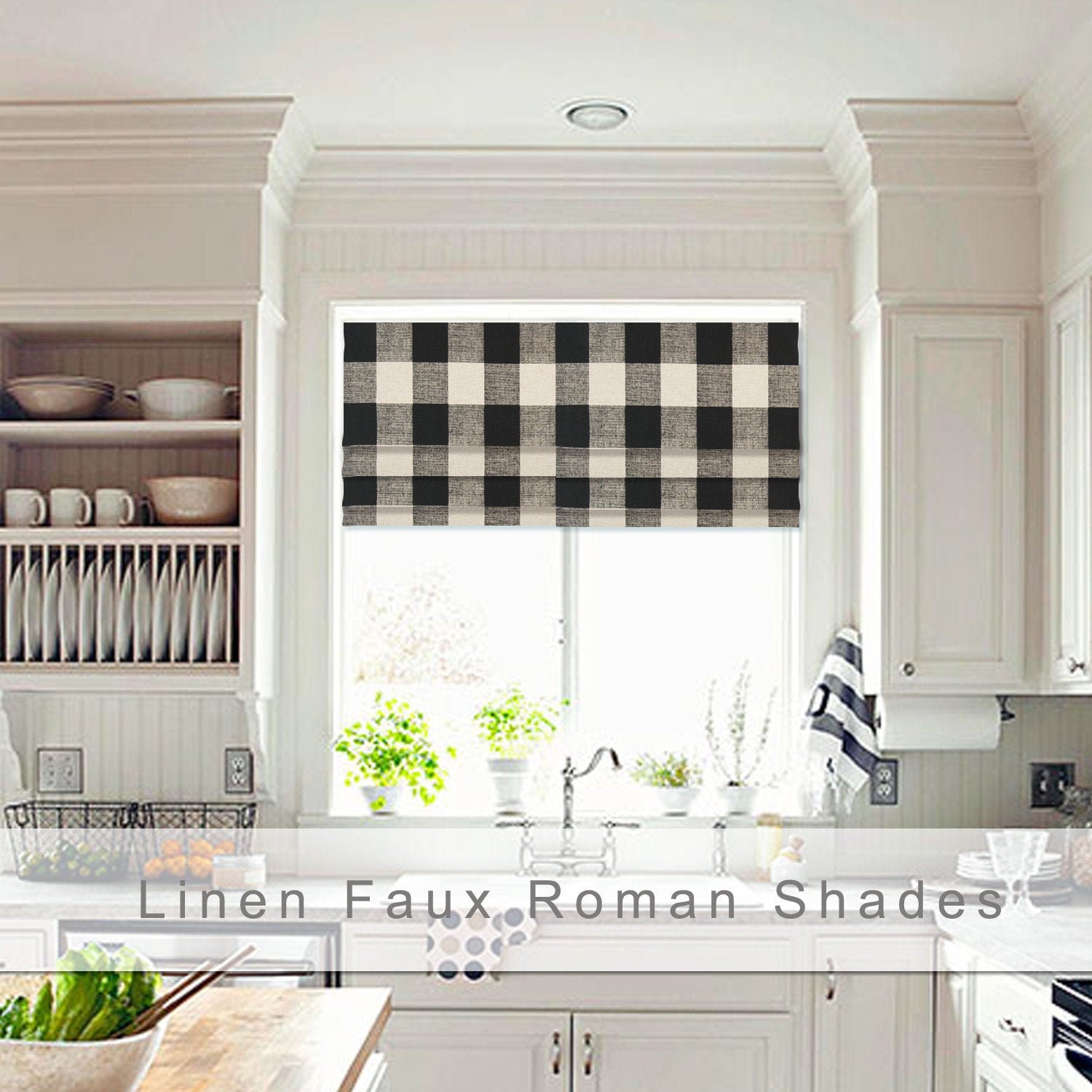 Faux Roman Shade, Valance, Farmhouse Shade, Custom, Size, Window Topper, Treatment, Linen, Kitchen, Buffalo Check, Plaid, Black, Beige, Bath
