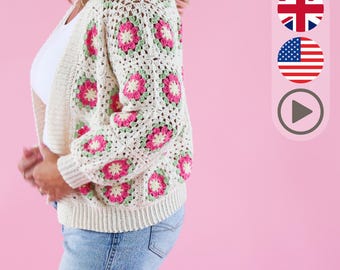 Crochet PATTERN & VIDEO / Crochet Granny Square Cardigan - Size-inclusive (8 sizes XL-5X) - The Flora Cardigan Pattern