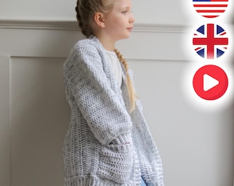 Crochet PATTERN & VIDEO / EASY Childrens Crochet Cardigan - 6 sizes, 18 months - 12 years - The Mini Nova Cardigan Pattern