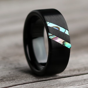 The Mariner, Blue Abalone Ring, Abalone Wedding Ring, Mother of Pearl Ring, Black Wedding Band, Blue Paua Abalone, Thorum