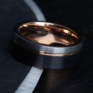 The Brutalist, Black Silver Rose Gold Tungsten Ring, Men's Ring, Men's Wedding Band, Rose Gold Accent, Men's Engagement Ring, Thorum