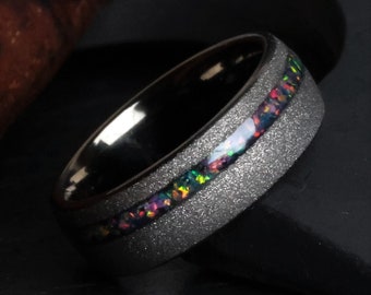 The Hephaestus, Opal Wedding Ring, Fire Opal Ring, Colorful Wedding Ring, Black Tungsten Ring, Men Wedding Band, Crushed Black Opal, Thorum