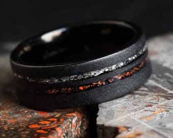 The Meteorsaur, Meteorite and Dinosaur Bone Ring, Wedding Ring, Engagement Ring, Handmade Ring, Black Meteorite Ring, 8mm Ring, Thorum
