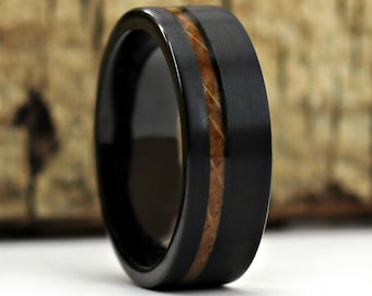 Black Barrel, Whisky Barell Wood Mens Wedding Ring Black Tungsten Wood Ring Offset Inlay Whisky Barrel Red Oak Men Wedding Rings, Thorum