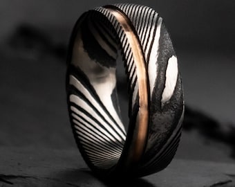 The Sensei, Damascus Steel Ring, Japanese Steel Ring, Rose Gold Ring, 18k Rose Gold, Men's Ring, Women's Ring, Wedding Ring, Thorum