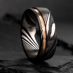 The Sensei, Damascus Steel Ring, Japanese Steel Ring, Rose Gold Ring, 18k Rose Gold, Men's Ring, Women's Ring, Wedding Ring, Thorum