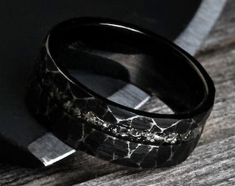 The Voyager, Meteorite Ring, Hammered Ring, Rustic Meteorite Ring, Gibeon Meteorite Ring, Black Ring, Faceted Ring, 8 mm Ring, Thorum