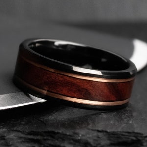 May include: A black ring with a dark wood inlay and a thin copper-colored band. The ring is set against a dark background, highlighting its polished finish and the contrast between the materials.