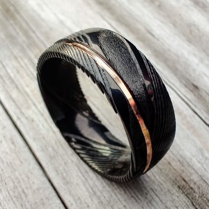 The Direwolf, Black Damascus Ring, Black Wedding Band, Rose Gold Ring, Engagement Ring, Men Ring, 18k Rose Gold Ring, Steel Ring, Thorum