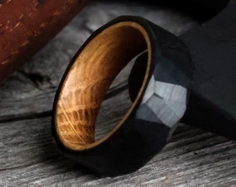 The Old Fashioned, Whiskey Barrel Wedding Band, Hammered Black Wedding Ring, Men's Metal and Wood Ring, Black Metal and Wood Ring, Thorum