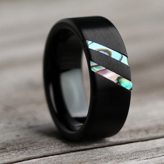 Mitred Abalone Ring, Abalone Wedding Ring, Mother of Pearl Ring, Tungsten Carbide Ring, Black Wedding Band, Blue Paua Abalone, Northbands