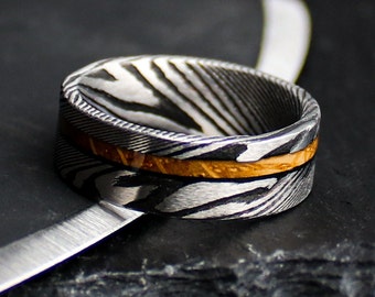 The Harper, Men's Wedding Ring, Damascus Wedding Ring, Whiskey Barrel Ring, Damascus Wood Ring, Men's Engagement Ring, Unique, Thorum