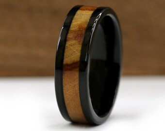 The Tauren, Black Tungsten and Wood Ring, Olive Wood Ring, Handmade Black Ring, Wedding Band, Engagement Band, 7 mm Ring, Thorum