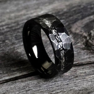 The Voyager, Meteorite Ring, Hammered Ring, Rustic Meteorite Ring, Gibeon Meteorite Ring, Black Ring, Faceted Ring, 8 mm Ring, Thorum