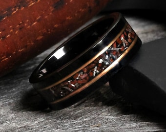 The Jurassic, Dinosaur Bone Wedding Ring, Meteorite Wedding Ring, T-Rex Bone Ring, Black Ring, Rose Gold Ring, 8mm Ring, Wedding, Thorum