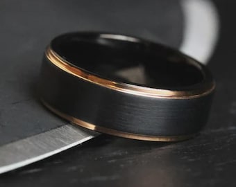The Osiris, Black Gold Men's Ring, Black Wedding Band, Wedding Ring, Engagement Ring, 8mm Ring, Rose Gold Black Ring, Tungsten, Thorum
