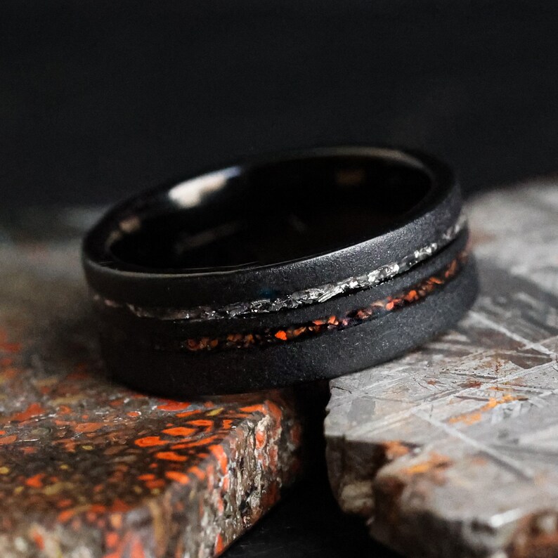 The Meteorsaur, Meteorite and Dinosaur Bone Ring, Wedding Ring, Engagement Ring, Handmade Ring, Black Meteorite Ring, 8mm Ring, Thorum image 5