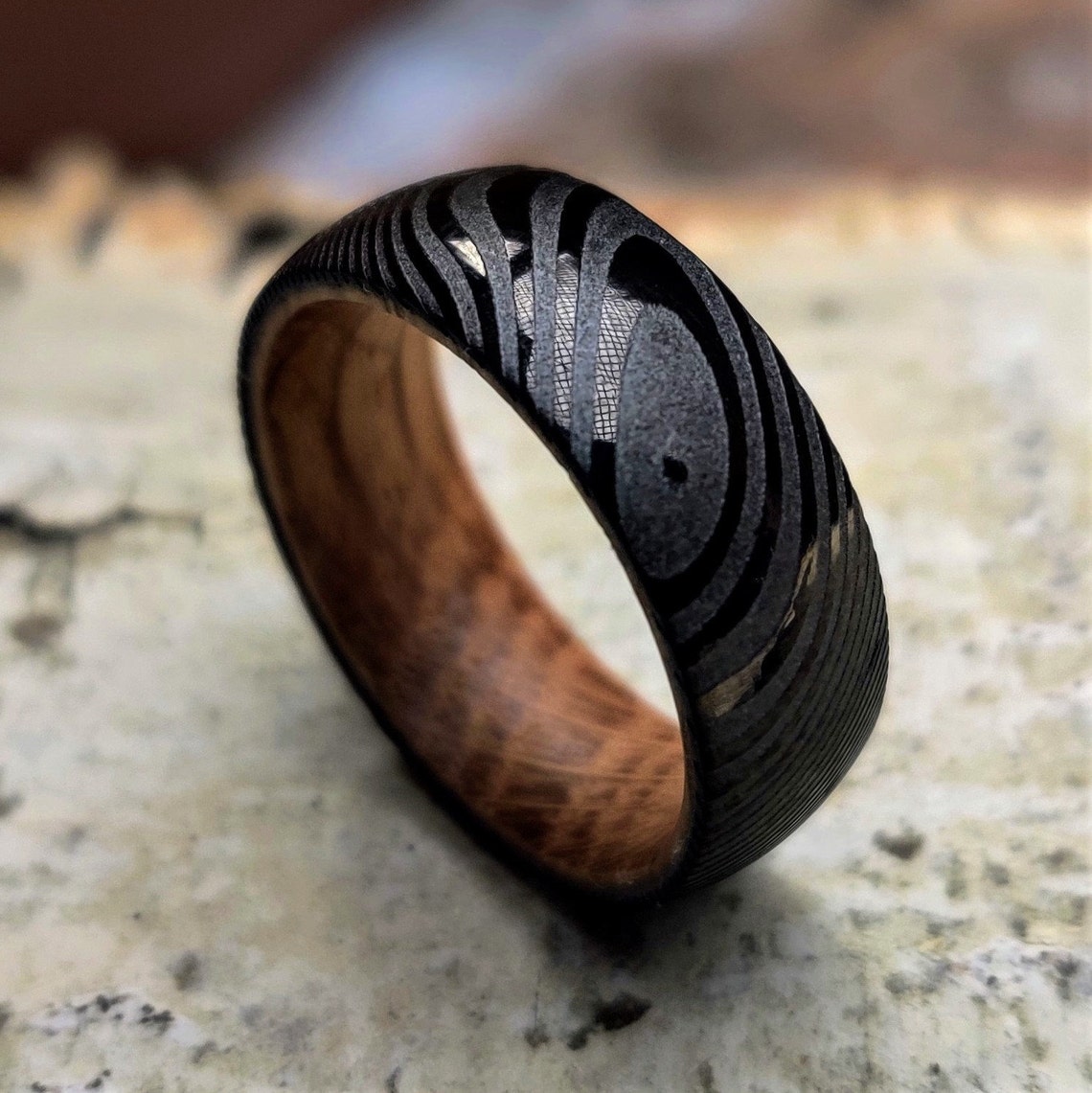 Ragnarok Whiskey Barrel Wood Ring Black Damascus Ring | Etsy