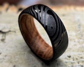 Ragnarok, Whiskey Barrel Wood Ring, Black Damascus Ring, Whiskey Black Ring, Wood Wedding Band, Engagement Ring, Men's Ring, Thorum