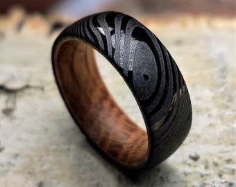 Ragnarok, Whiskey Barrel Wood Ring, Black Damascus Ring, Whiskey Black Ring, Wood Wedding Band, Engagement Ring, Men's Ring, Thorum