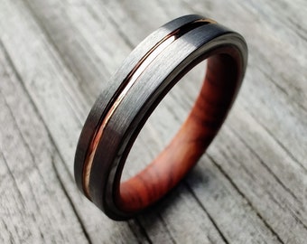 Anillo Lancelot, anillo de madera de hierro para mujer, anillo de madera para mujer, anillo de oro rosa para mujer, joyería única para mujer, anillo de boda, anillo de 4 mm