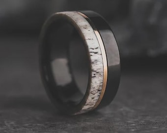 The Blacktail, Men's Wedding Ring, Antler Wedding Ring, Tungsten Rose Gold Ring, Outdoorsman Ring, Antler Rose Gold Ring, Thorum
