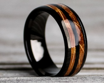 キュレーター、バーボンウイスキー樽のブラックタングステン製結婚指輪、8mmリング、レディースリング、タングステンブラックリング、メンズリング、Thorum