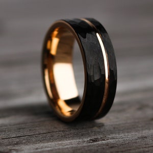 The Apollo, Men's Wedding Band, Black Rose Gold Ring, Hammered Wedding Ring, Engagement Ring, Rose Gold Band, Minimalist Ring, Thorum image 3