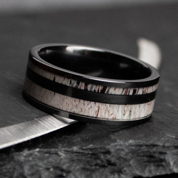 The Blackthorn, Antler Wedding Ring, Black Wedding Ring, Men's Ring, Women's Ring, Whitetail Deer Ring, Camping, Outdoorsman, Thorum