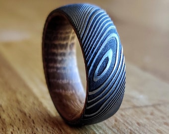 The Murakami, Whiskey Barrel Ring, Damascus Steel Ring, Men's Wedding Ring, Men's Engagement Ring, Gray Steel Ring, Wood Wedding Band